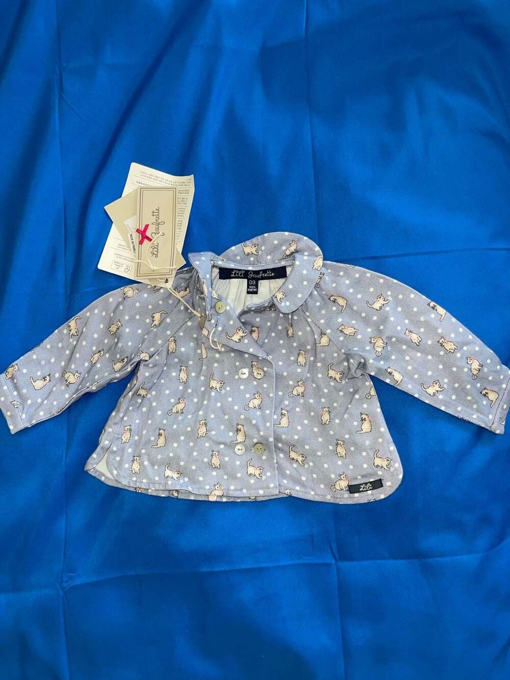 Lili Gaufrette Blue Polka Dot Cat Print Baby Jacket 3M